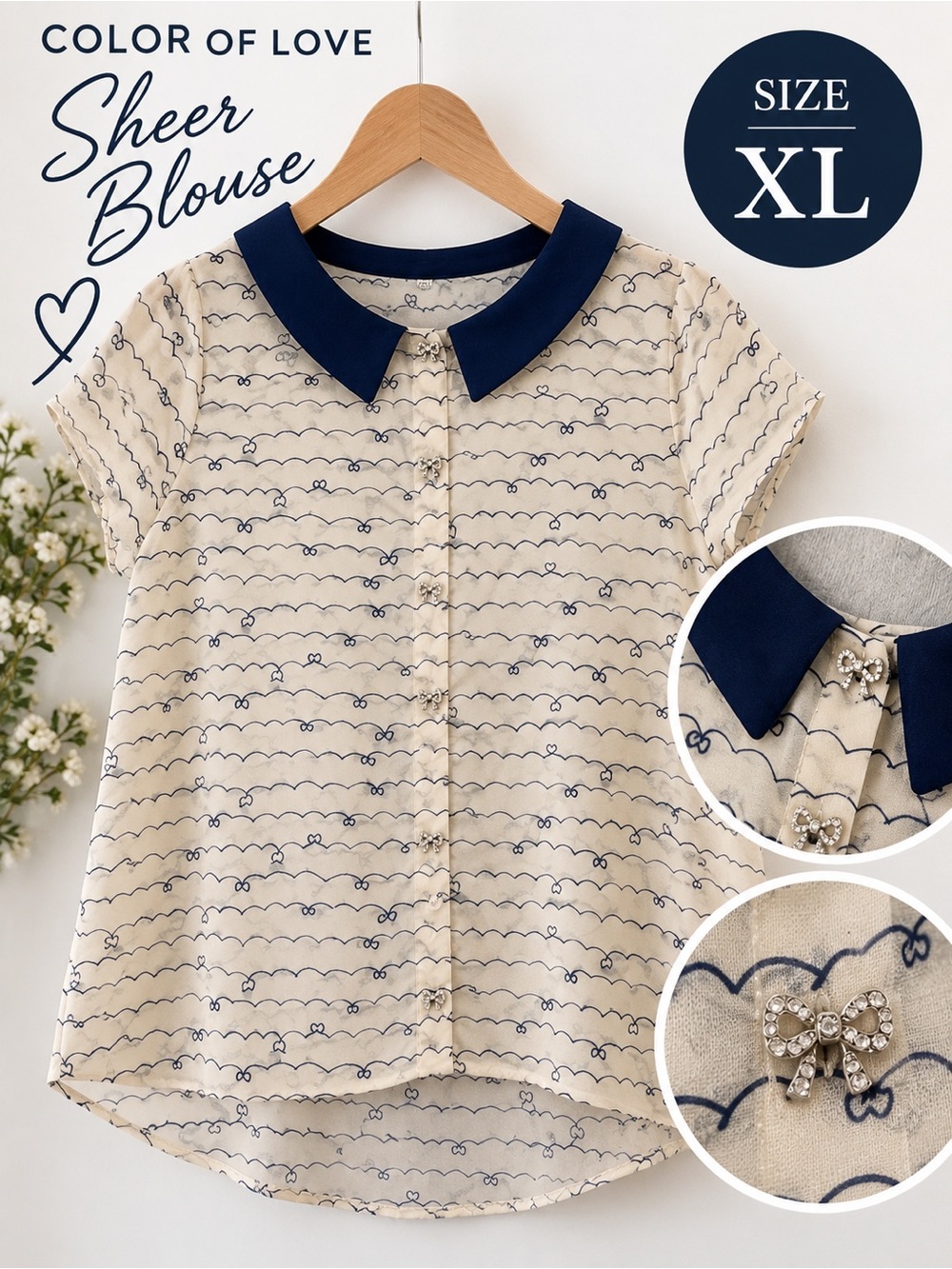 Color of Love XL Sheer Heart Print Blouse Navy Peter Pan Collar